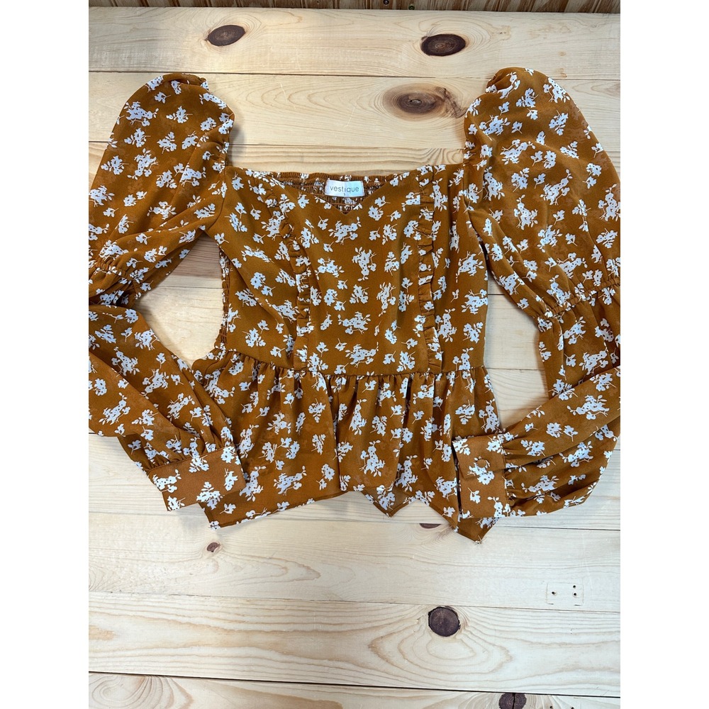 Vestique Floral Peplum Top Square Neck Long Sleeve Blouse Brown Small